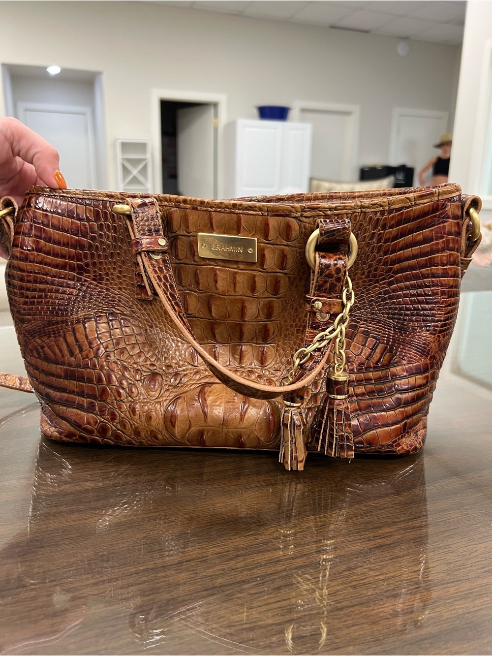Brahmin Cognac Croc-Embossed Leather Shoulder Bag with Tassel